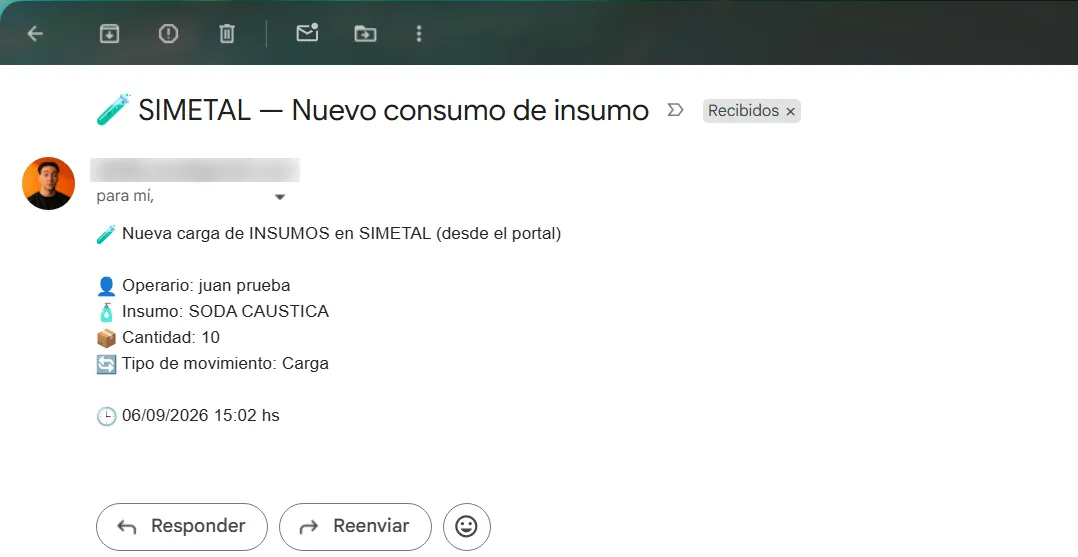 Mail automático de Simetal avisando un nuevo consumo de insumo, con operario, insumo, cantidad y hora